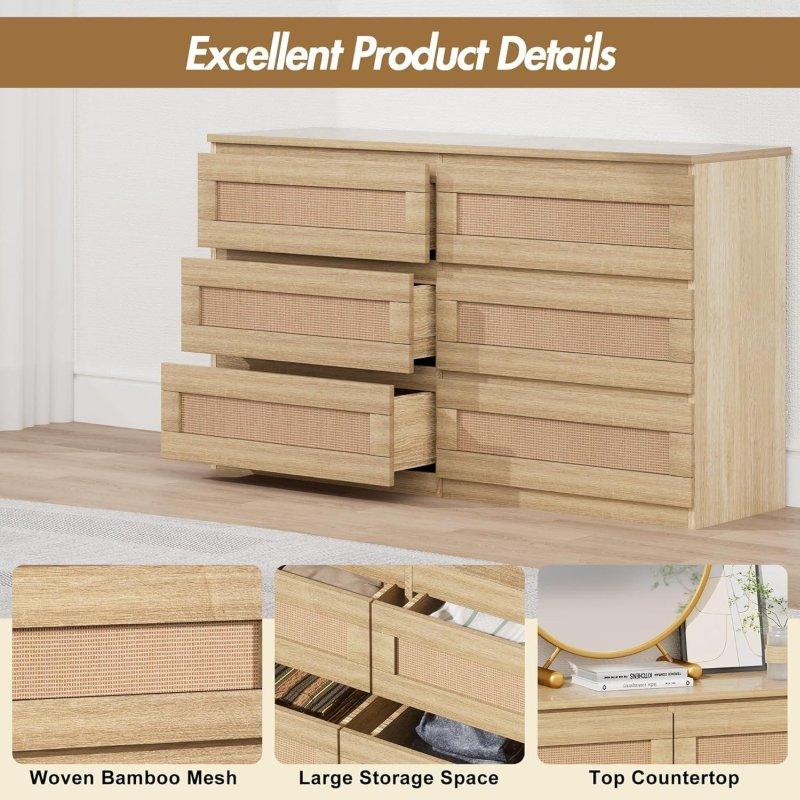 Rattan Tasarımlı Ahşap 6 Çekmeceli Şifonyer - 120x34x67 cm - 306218