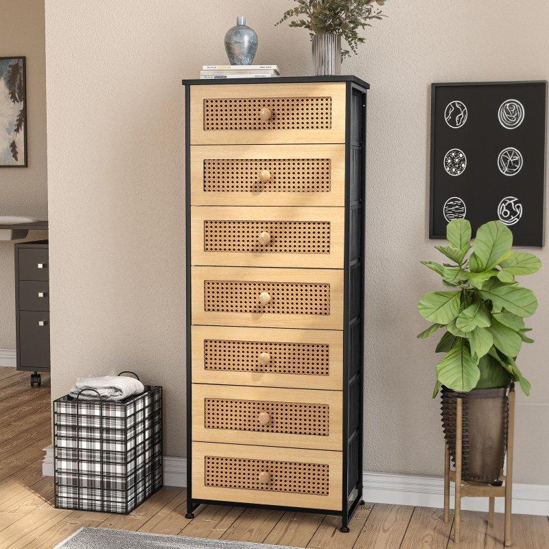 Rattan ve Çelik 7 Çekmeceli Dikey Şifonyer - 51x133x30 cm - 302938