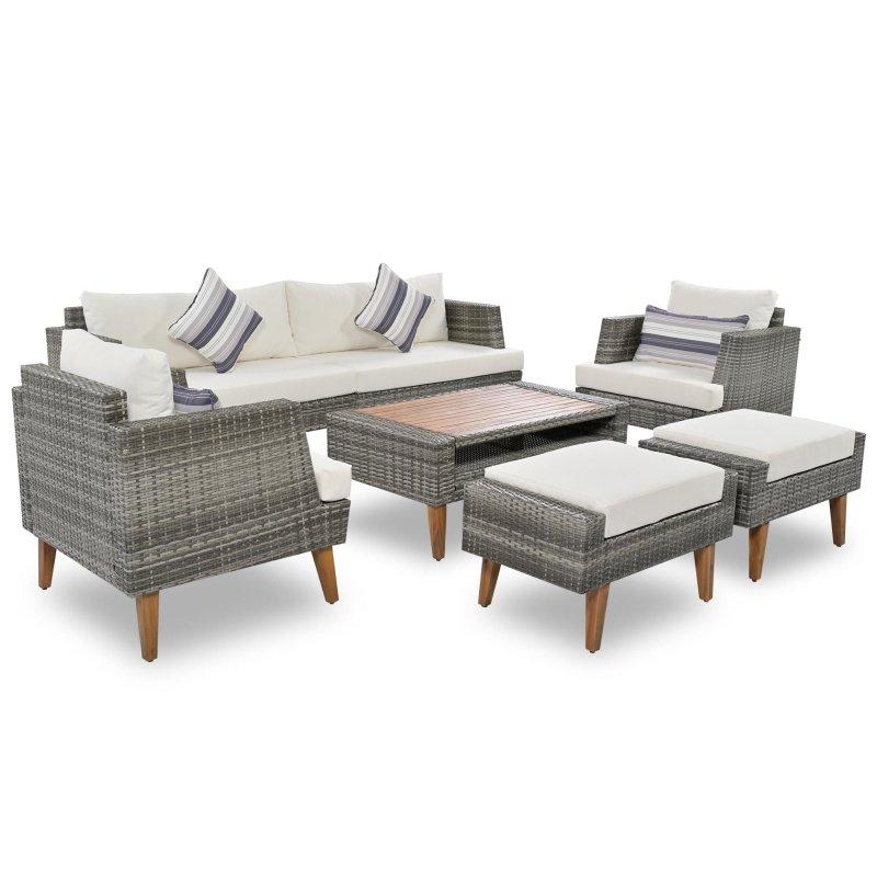 Rattan ve Masif Ahşap 6 Parça Minderli ve Puflu Bahçe Takımı - 275125