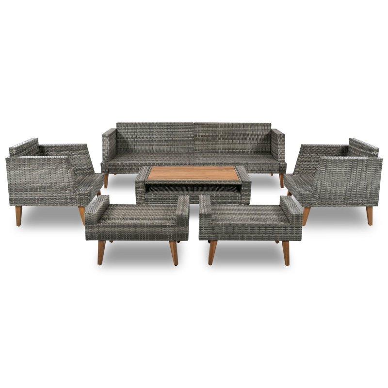 Rattan ve Masif Ahşap 6 Parça Minderli ve Puflu Bahçe Takımı - 275125