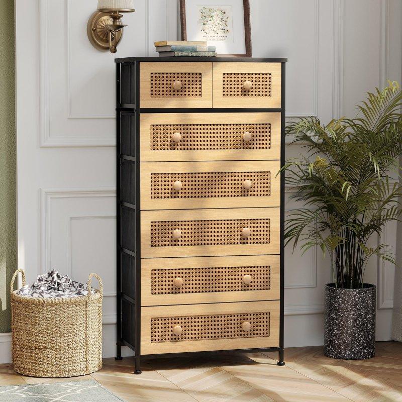 Rattan ve Metal 7 Çekmeceli Dikey Şifonyer - 60x31x117 cm - 304202