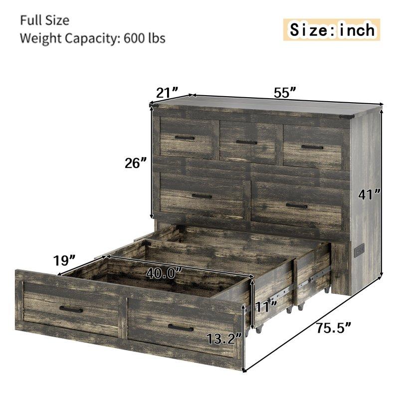 Rustik Gri MDF Çekmeceli ve Şarj İstasyonlu Duvar Yatağı - FullQueen - 263314