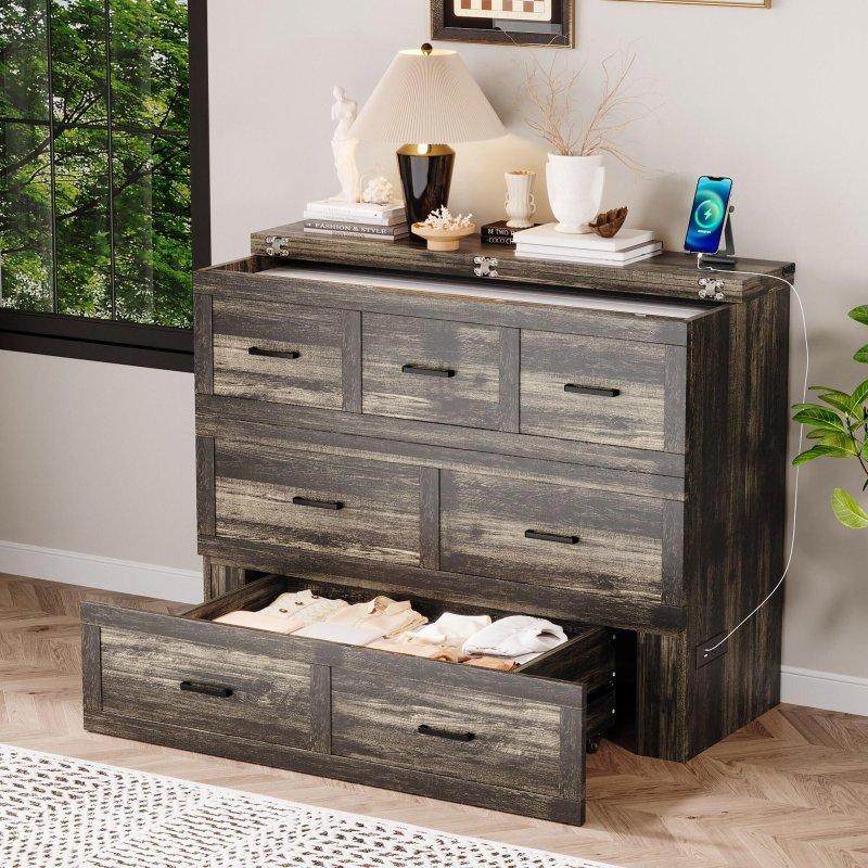Rustik Gri MDF Çekmeceli ve Şarj İstasyonlu Duvar Yatağı - FullQueen - 263314