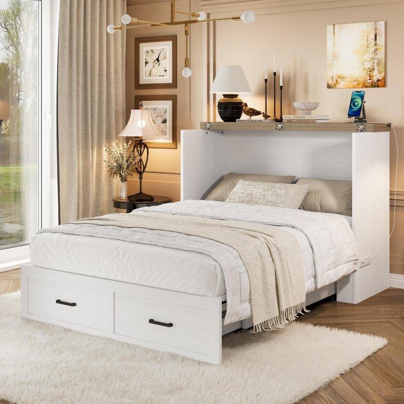 Rustik Gri MDF Dahili Şarj Üniteli ve Çekmeceli Duvar Yatağı - 264363