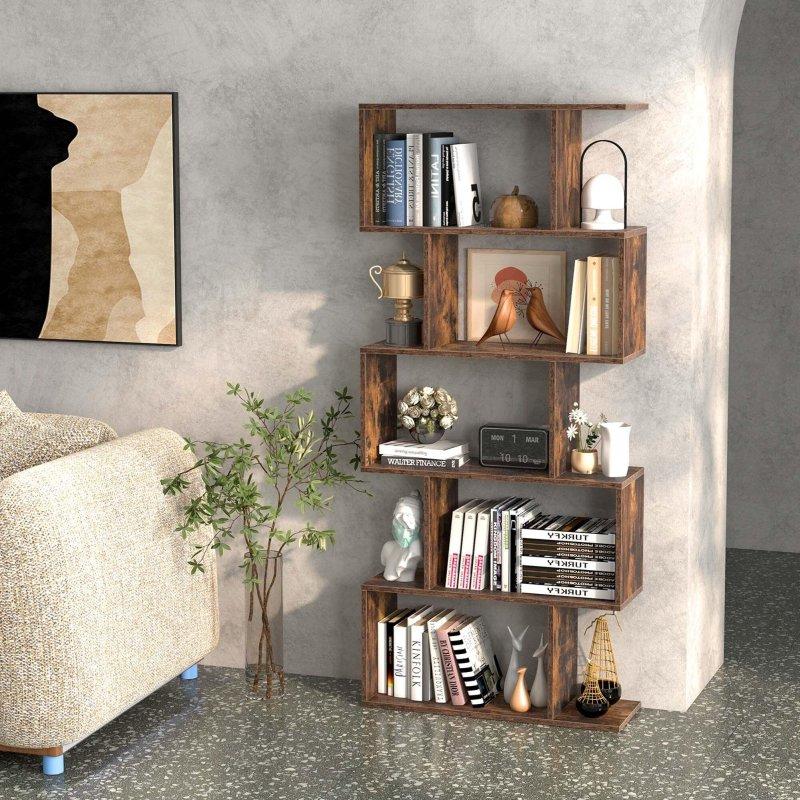 Rustik Kahverengi Ahşap 5 Raflı S Formlu Oda Bölücü Kitaplık - 70x25x159 cm - 317434