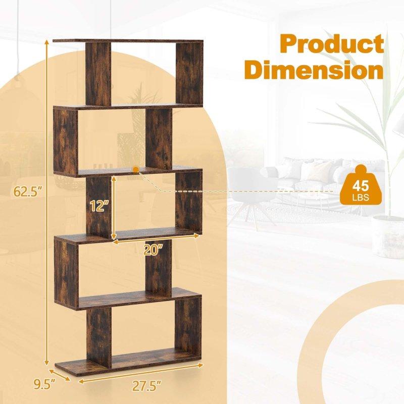 Rustik Kahverengi Ahşap 5 Raflı S Formlu Oda Bölücü Kitaplık - 70x25x159 cm - 317434