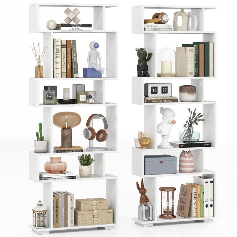 Rustik Kahverengi Ahşap 6 Raflı S Şekilli 2li Set Kitaplık - 163 cm - 312794