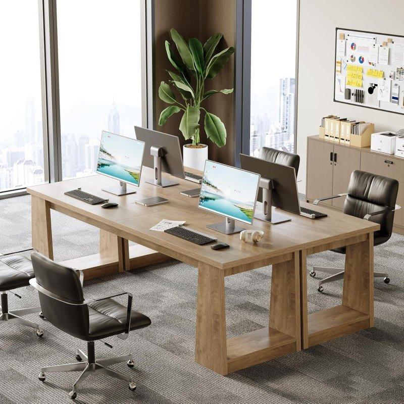 Rustik Kahverengi Ahşap İki Kişilik Geniş Ofis Masası - 220x75 cm - 326821