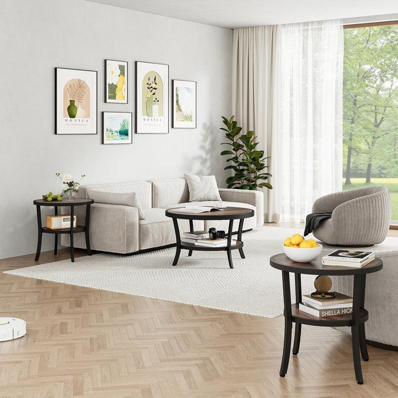 Rustik Kahverengi Ahşap İki Raflı Kavisli Metal Ayaklı Yuvarlak Orta Sehpa - 81 cm - 244952
