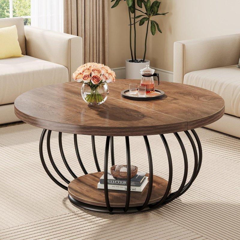Rustik Kahverengi Ahşap Metal Raflı Yuvarlak Orta Sehpa - 100 cm - 243247