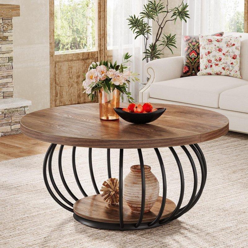Rustik Kahverengi Ahşap Metal Raflı Yuvarlak Orta Sehpa - 100 cm - 243247