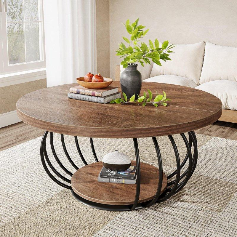 Rustik Kahverengi Ahşap Metal Raflı Yuvarlak Orta Sehpa - 100 cm - 243247