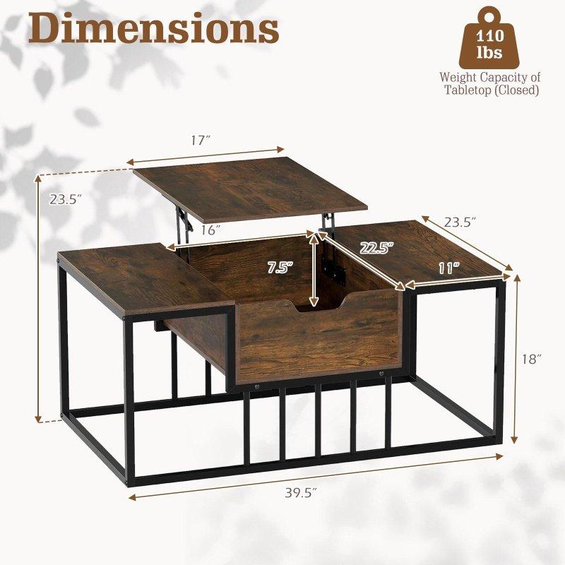 Rustik Kahverengi Ahşap ve Metal Asansörlü Gizli Bölmeli Akıllı Sehpa - 101x60 cm - 253632