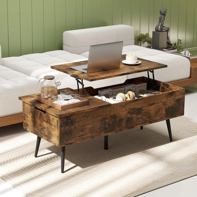 Rustik Kahverengi Ahşap ve Siyah Metal Bölmeli Yükseltilebilir Tablalı Akıllı Sehpa - 112x49 cm - 253431