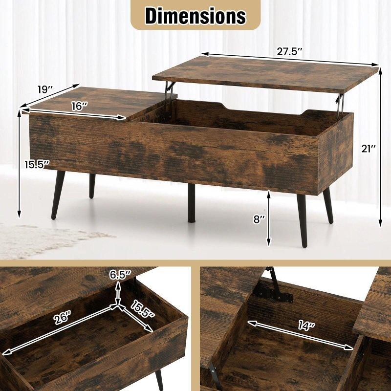 Rustik Kahverengi Ahşap ve Siyah Metal Bölmeli Yükseltilebilir Tablalı Akıllı Sehpa - 112x49 cm - 253431