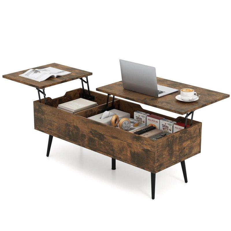 Rustik Kahverengi Ahşap ve Siyah Metal Bölmeli Yükseltilebilir Tablalı Akıllı Sehpa - 112x49 cm - 253431