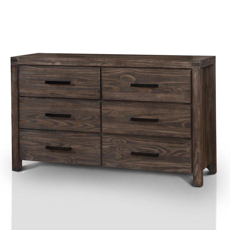 Rustik Kahverengi Masif Ahşap 6 Çekmeceli Metal Kulplu Şifonyer - 148 cm - 300451
