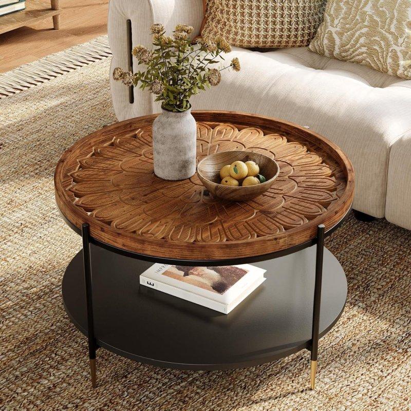 Rustik Kahverengi Masif Ahşap Çiçek Oymalı Metal Raflı Yuvarlak Orta Sehpa - 80 cm - 243046