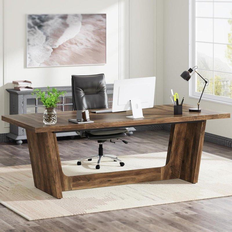 Rustik Kahverengi Masif Ahşap Dikdörtgen Geniş Yüzeyli Ofis Masası - 181x80 cm - 326331