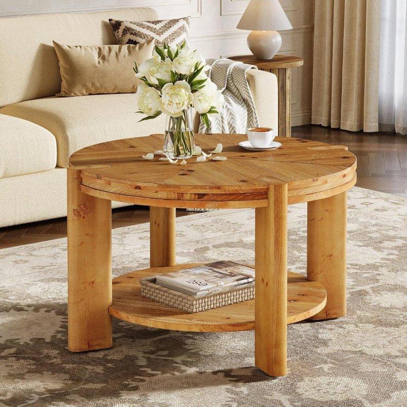 Rustik Kahverengi Masif Ahşap İki Raflı Yuvarlak Orta Sehpa - 81x51 cm - 240597