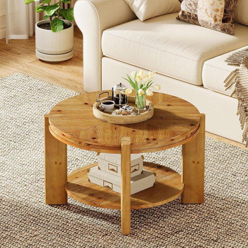 Rustik Kahverengi Masif Ahşap İki Raflı Yuvarlak Orta Sehpa - 81x51 cm - 240597