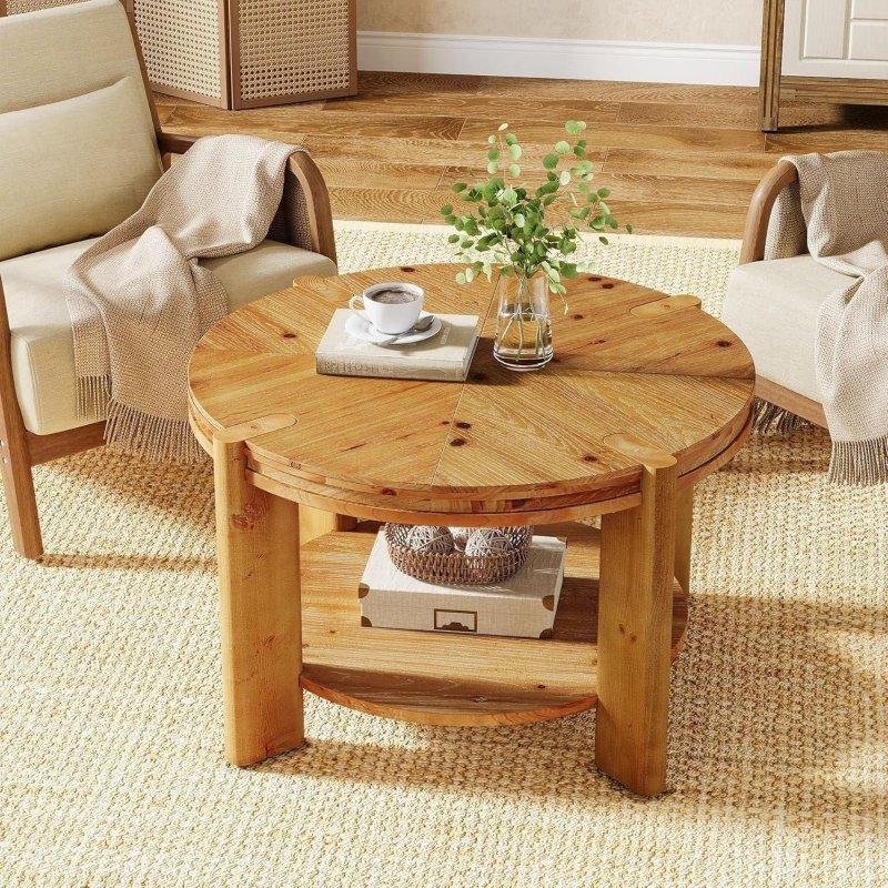Rustik Kahverengi Masif Ahşap Raflı Yuvarlak Orta Sehpa - 81x50 cm - 241113