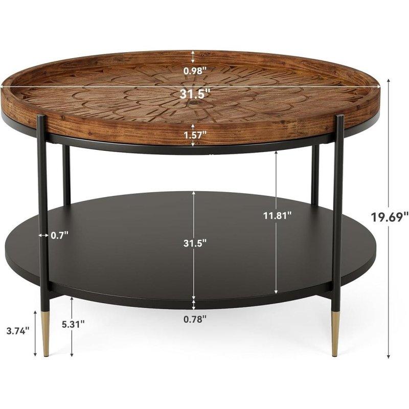 Rustik Kahverengi Masif Ahşap ve Metal Çiçek Oymalı İki Katlı Yuvarlak Orta Sehpa - 80x50 cm - 242706