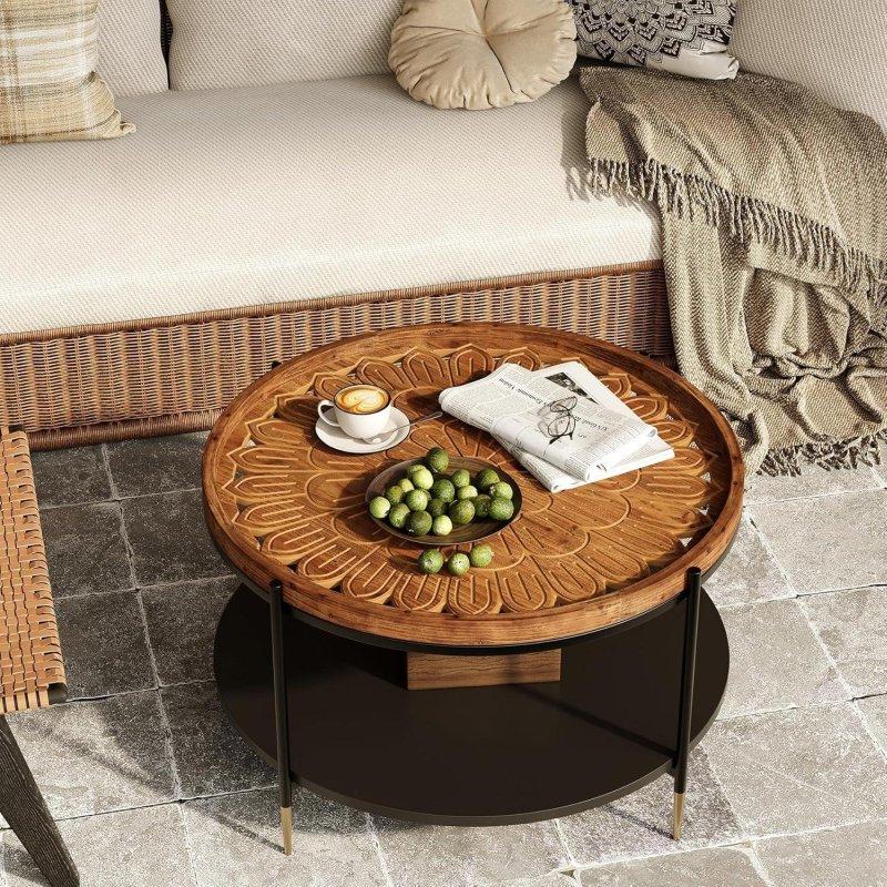 Rustik Kahverengi Masif Ahşap ve Metal Çiçek Oymalı İki Katlı Yuvarlak Orta Sehpa - 80x50 cm - 242706