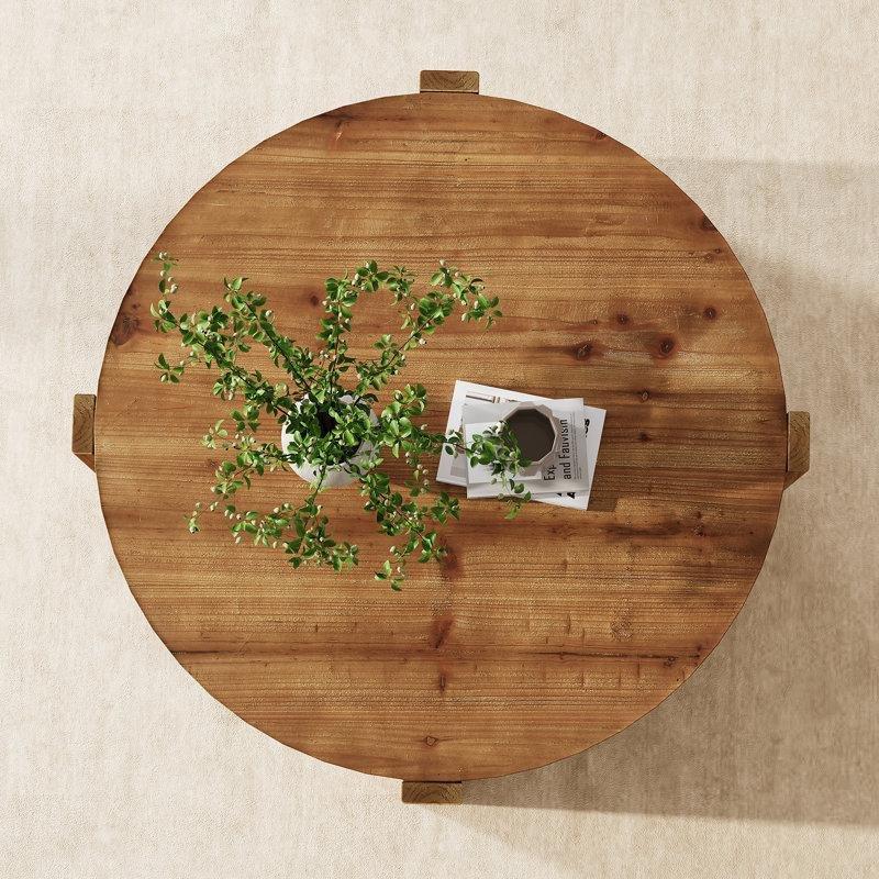 Rustik Kahverengi Masif Ahşap X-Ayaklı Oymalı Kenarlı Yuvarlak Orta Sehpa - 81 cm - 244504