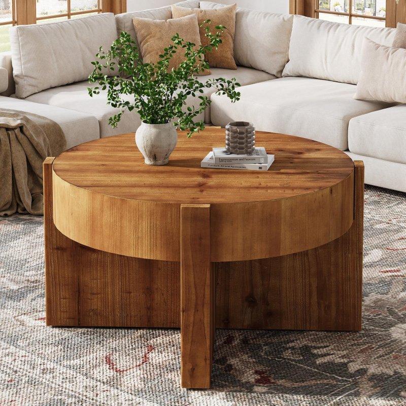 Rustik Kahverengi Masif Ahşap X Ayaklı Yuvarlak Orta Sehpa - 81x47 cm - 242879