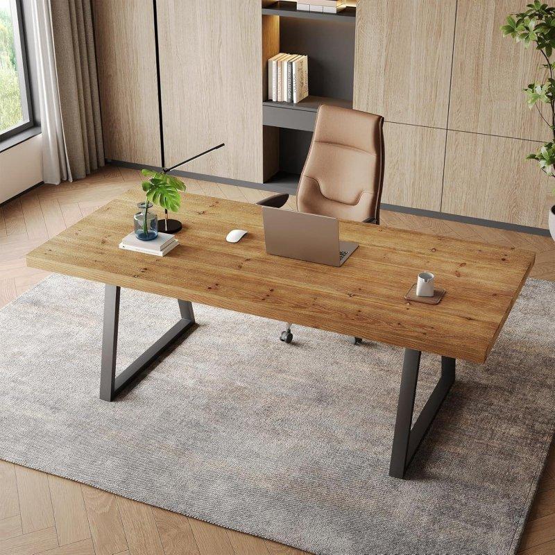 Rustik Kahverengi Masif Köknar Ağacı ve Metal Ayaklı Endüstriyel Ofis Masası - 161 cm - 327943