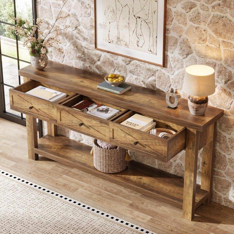 Rustik Kahverengi MDF 3 Çekmeceli Raflı X Desenli Dresuar - 181 cm - 331933