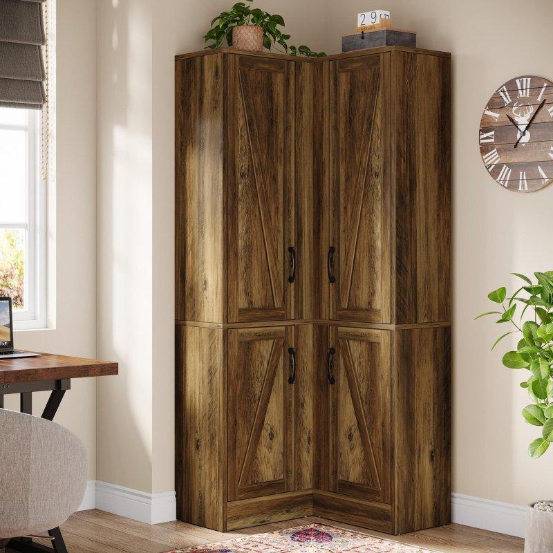 Rustik Kahverengi MDF Ahır Kapısı Tasarımlı Köşe Kitaplık - 70x70x170 cm - 319855