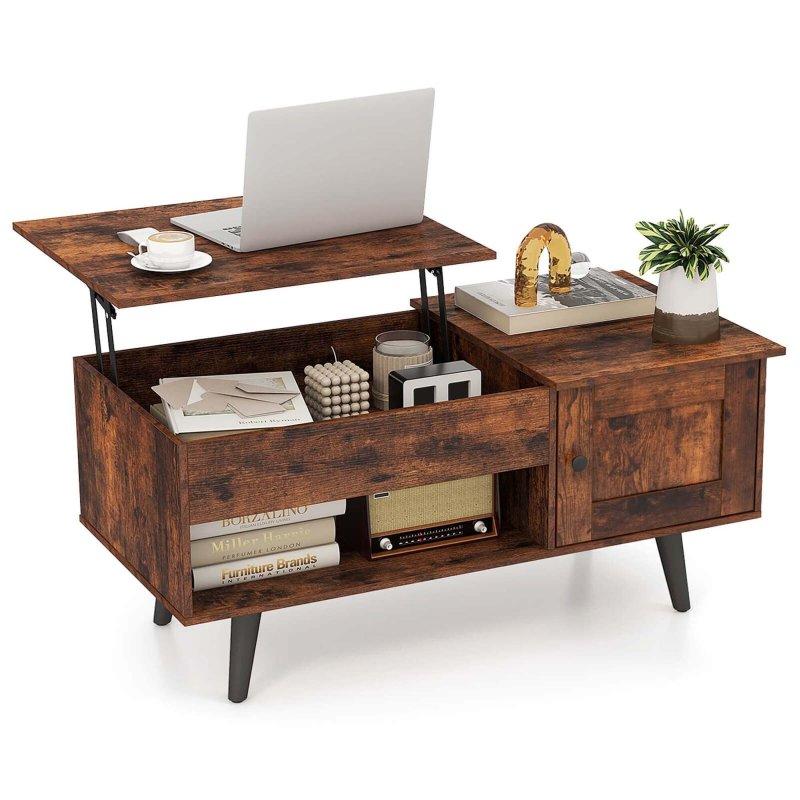 Rustik Kahverengi MDF Kalkar Tablalı ve Depolama Alanlı Akıllı Sehpa - 101x50x46 cm - 254611