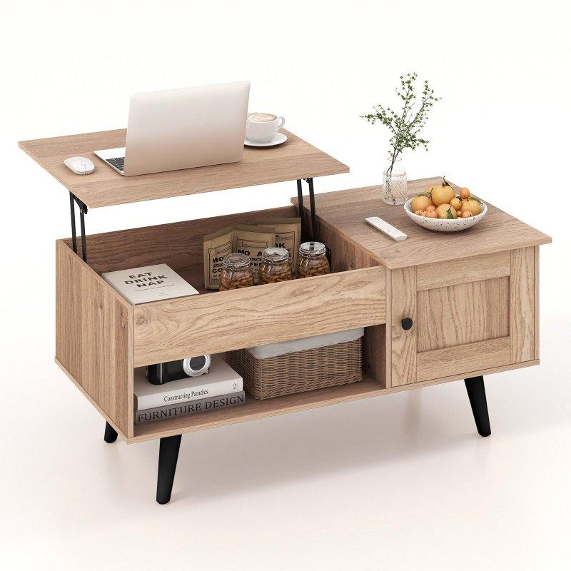 Rustik Kahverengi MDF Kalkar Tablalı ve Depolama Alanlı Akıllı Sehpa - 101x50x46 cm - 254611