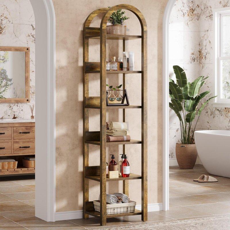 Rustik Kahverengi MDF Kemerli 6 Raflı Dar Kitaplık - 180 cm - 312686