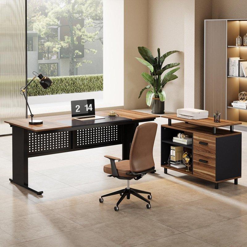 Rustik Kahverengi MDF Metal L Tipi Kabinli Ofis Masası - 161 cm - 327638