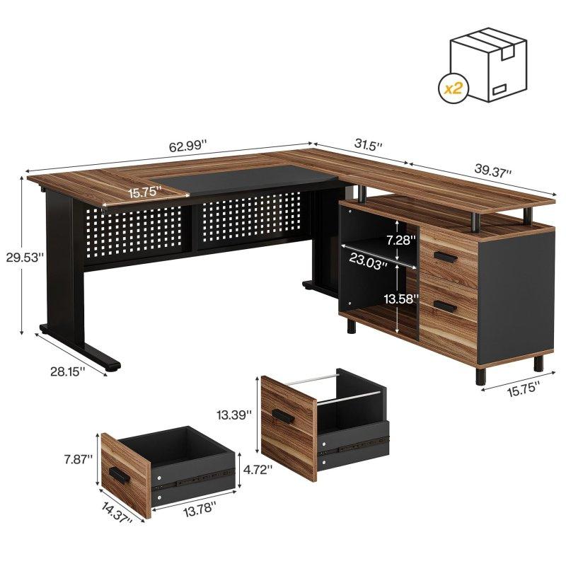 Rustik Kahverengi MDF Metal L Tipi Kabinli Ofis Masası - 161 cm - 327638