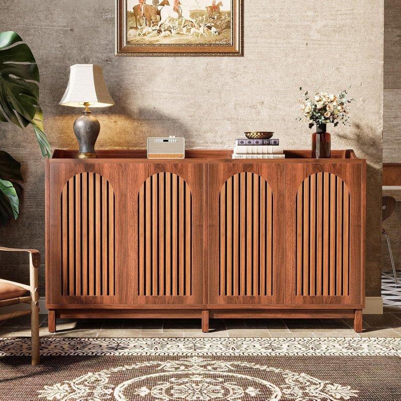 Rustik Kahverengi MDF Panjurlu ve Ayarlanabilir Raflı Bohem Konsol - 145 cm - 324767