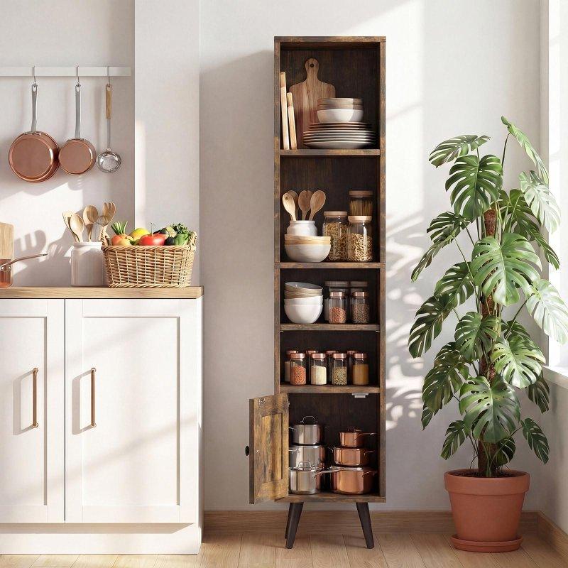 Rustik Kahverengi MDF Rattan Kapaklı 6 Raflı Dar Kitaplık - 138 cm - 317301