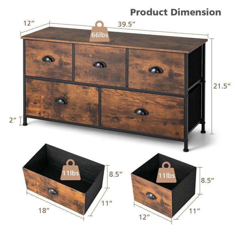 Rustik Kahverengi MDF Tablalı Çelik İskeletli 5 Kumaş Çekmeceli Şifonyer - 304538