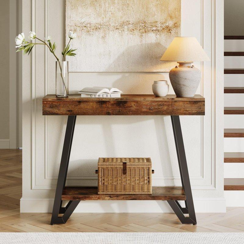 Rustik Kahverengi MDF ve Metal Endüstriyel 2 Raflı Dresuar - 103x30x81 cm - 333299