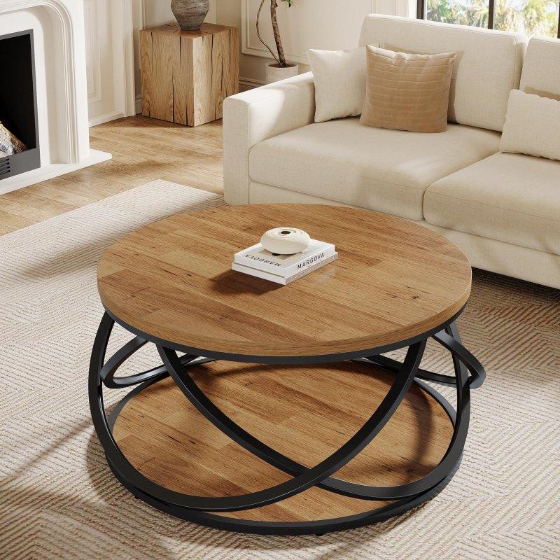 Rustik Kahverengi MDF ve Metal Raflı Çift Katlı Yuvarlak Orta Sehpa - 81 cm - 241024