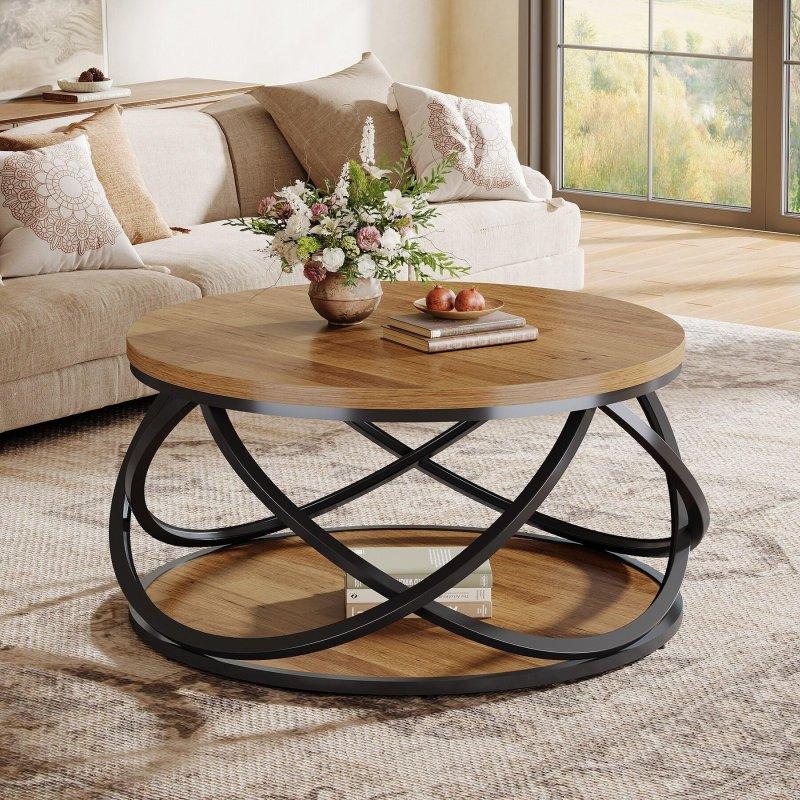 Rustik Kahverengi MDF ve Metal Raflı Çift Katlı Yuvarlak Orta Sehpa - 81 cm - 241024