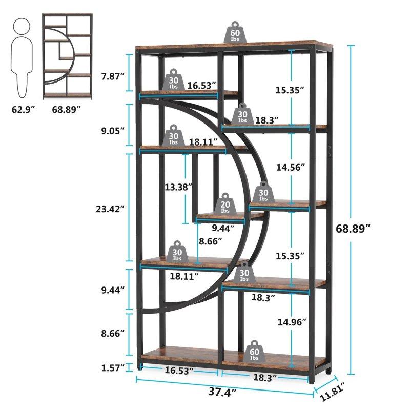 Rustik Kahverengi MDF ve Siyah Metal 5 Raflı Yarım Ay Tasarımlı Endüstriyel Kitaplık - 95x30x175 cm - 312212