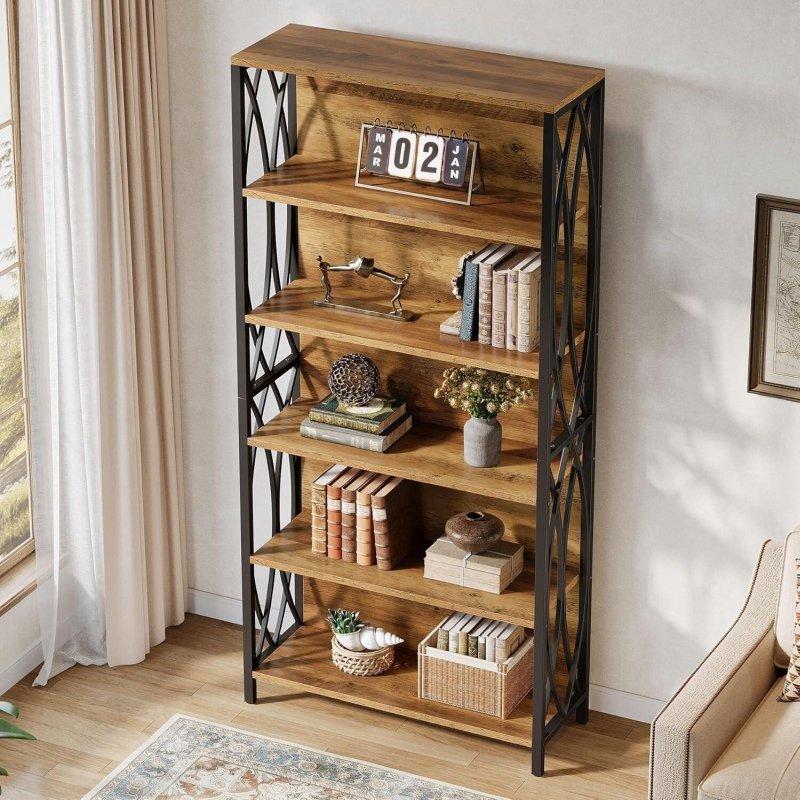 Rustik Kahverengi MDF ve Siyah Metal 6 Raflı Endüstriyel Kitaplık - 180 cm - 320487
