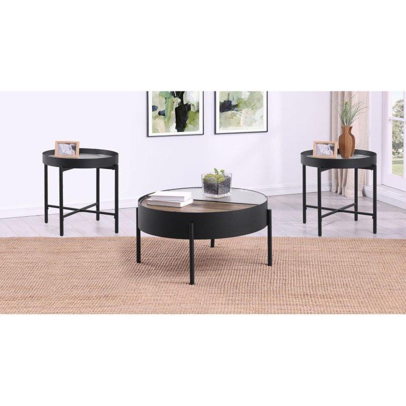 Rustik Kahverengi MDF ve Siyah Metal Gizli Depolamalı Yivli Camlı Yuvarlak Orta ve Yan Sehpa Seti - 241109