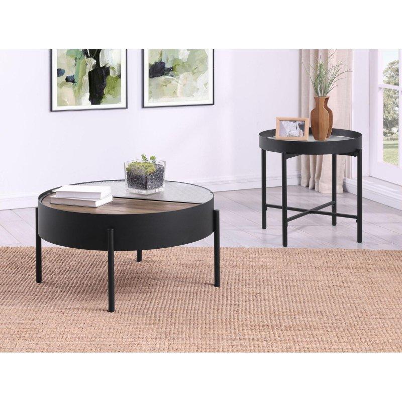 Rustik Kahverengi MDF ve Siyah Metal Gizli Depolamalı Yivli Camlı Yuvarlak Orta ve Yan Sehpa Seti - 241109