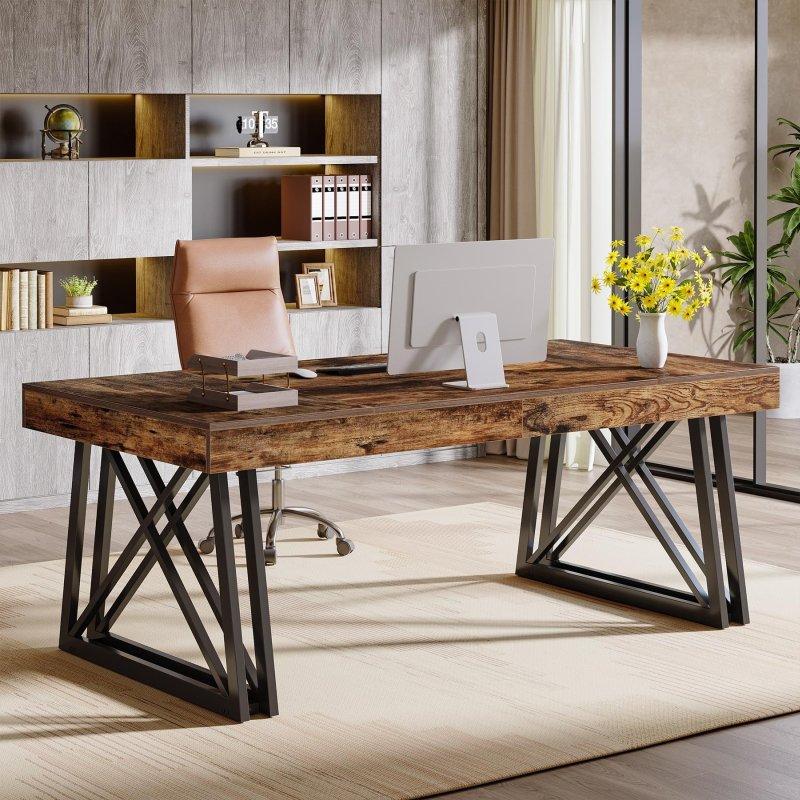 Rustik Kahverengi MDF ve Siyah Metal X Ayaklı Ofis Masası - 160x81 cm - 327591