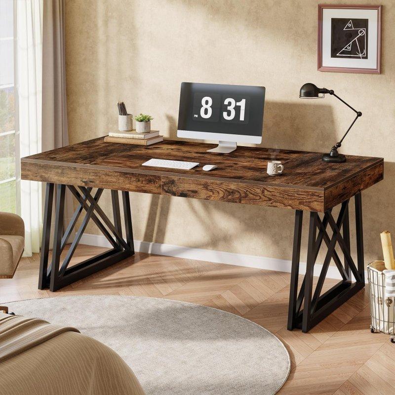 Rustik Kahverengi MDF ve Siyah Metal X Ayaklı Ofis Masası - 160x81 cm - 327591